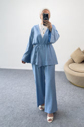 Taş Detaylı Kuşaklı Kimono Ceket ve Geniş Paça Pantolonlu İkili Takım 8869 - Mavi